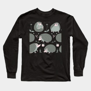 Hedgehogs Among the Flowers Pattern in Grey and Peach Long Sleeve T-Shirt